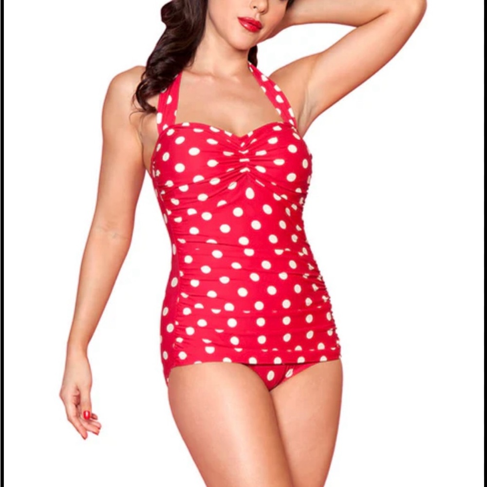 Pink and White Polka Dot One Piece Swimsuit with Halter Neckline